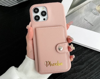 Personalized leather wallet iPhone case, custom initial leather Phone case, card holder phone case, iPhone 15 14 13 12 11 Pro Max Plus Case