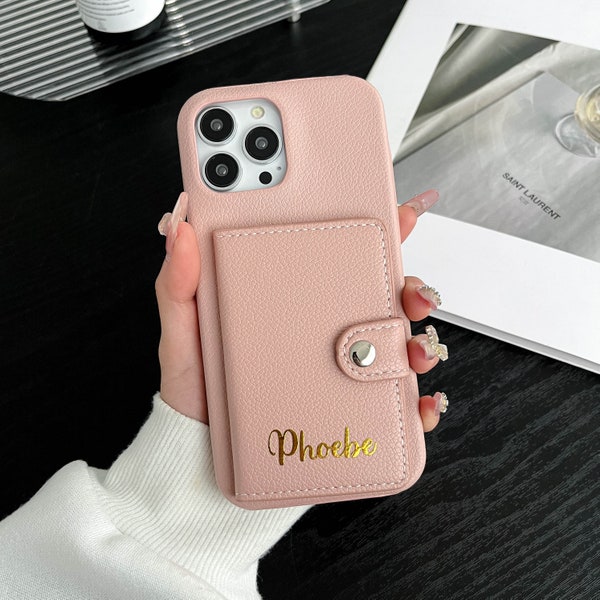 Personalized leather wallet iPhone case, custom initial leather Phone case, card holder phone case, iPhone 15 14 13 12 11 Pro Max Plus Case