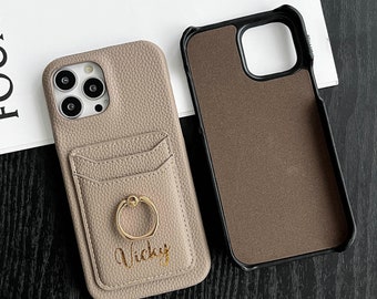 Leather card slot iPhone case, personalized finger ring leather Phone case, wallet phone case, iPhone 15 14 13 12 11 Pro Max Plus Case