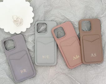 Leather iPhone Case with Card Holder, Personalized Phone Cover