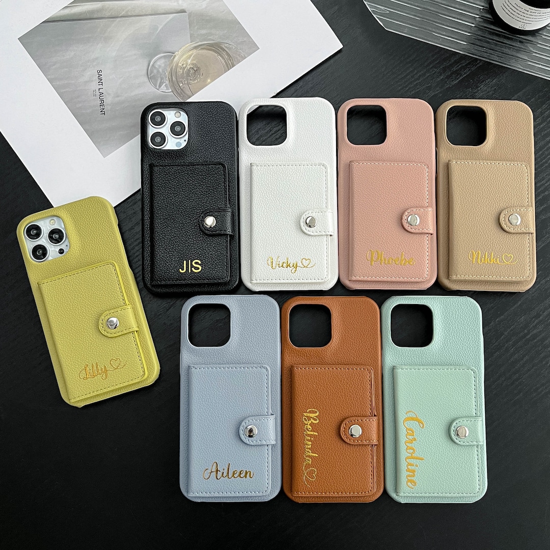 IPhone 16 Leather Case, Card Wallet Bag iPhone Case, Custom Monogram Leather Phone Case, iPhone