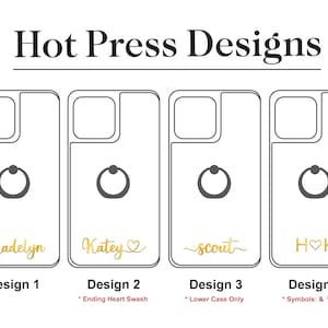 May include: Four phone case designs with different text and symbols. The designs include the names "Madelyn", "Katey", "scout", and "HOK". Each design features a gold ring holder and a white background.