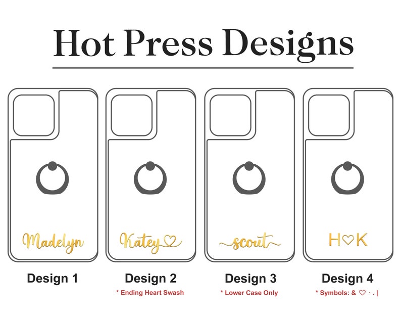May include: Four phone case designs with different text and symbols. The designs include the names "Madelyn", "Katey", "scout", and "HOK". Each design features a gold ring holder and a white background.