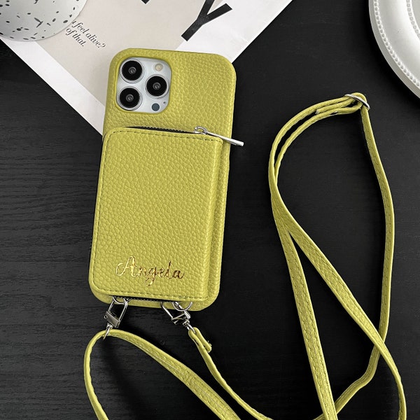 Leather iPhone Wallet Case, Crossbody Strap Phone Cover, Personalized Gift