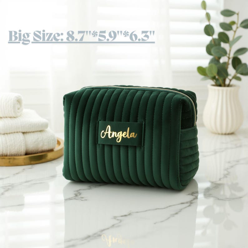 a green cosmetic bag sitting on top of a counter