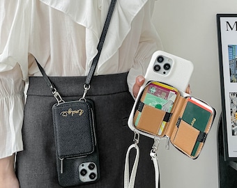 Leather iPhone Wallet Case with Crossbody Strap