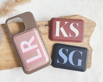 Personalized Leather MagSafe Wallet, iPhone Magnet Card Holder, Initial Gift
