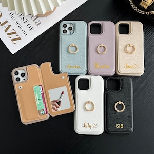 Étui pour iPhone avec anneau en cuir pour iPhone 16, étui pour téléphone personnalisé avec fente pour carte, étui pour iPhone 16 15 14 13 12 11 Pro Max Plus Mini