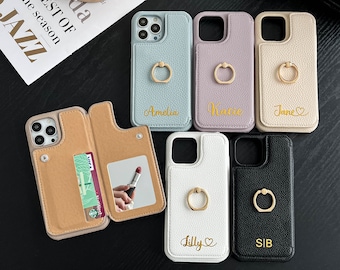 Leather iPhone Case with Stand Ring, Card Slot, and Mirror