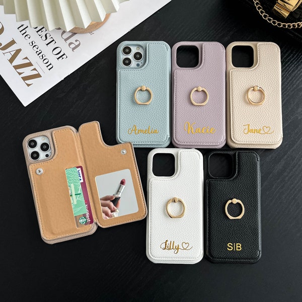 Leather stand ring iPhone case, personalized card slot Phone case with makeup mirror, iPhone 15 14 13 12 11 Pro Max Plus Mini Case