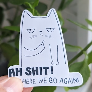 Sticker imperméable chat grincheux | Ah merde, c'est reparti | Autocollant en vinyle imperméable pour chats | autocollant sarcastique | Sticker drôle
