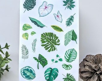 May include: A sticker sheet with a variety of tropical leaf designs. The sheet includes a monstera leaf, palm leaves, and other foliage. The sheet is white with the text "Sticker Sheet" at the top.