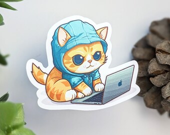 Laptop Cat Sticker - Waterproof Vinyl, Orange Cat in Hoodie Design