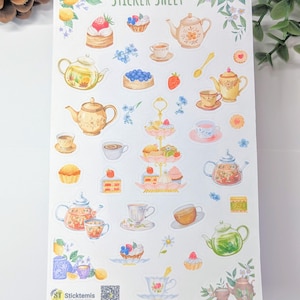 Feuille d'autocollants pour l'heure du thé - Autocollants pour le thé, théière, tasse de thé - Album de coupures, autocollants de carnet pour les amateurs de thé