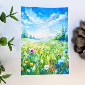 Prairie horizontale remplie de fleurs sauvages ciel bleu | Sticker aquarelle paysage
