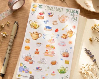 Tea Time Sticker Sheet: Waterproof Planner, Journal, Scrapbook Stickers
