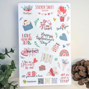 Feuille d'autocollants pour la Saint-Valentin - Amour, coeurs et motifs romantiques - Parfaite pour les journaux, le scrapbooking et les travaux manuels