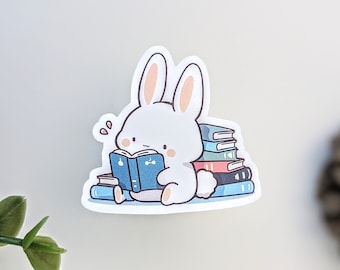 Reading Bunny Waterproof Vinyl Die Cut Sticker | Cozy Rabbit with Books Decal, Perfect for Laptops, Journals