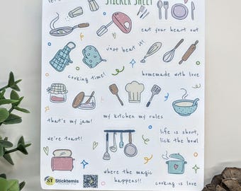 Cute Kitchen Kiss Cut Sticker Sheet, Fun Cooking & Baking Day Sticker, Foodie Sticker for Meal Prep Planner, Scrapbook, Personalized Recipe