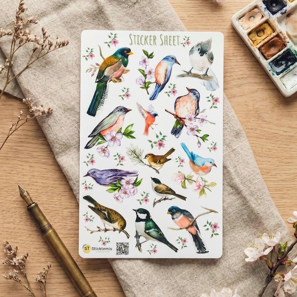 Watercolor Bird Sticker Sheet, Spring Planner Decals, Nature Scrapbook Supplies, Floral Journal Ephemera, Bird Lover Gift