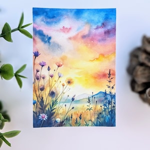 Autocollants Nature Meadow｜Autocollants floraux paysages naturels | Stickers papier journal floral | Sticker aquarelle paysage