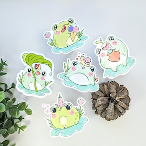 Lot de 5 stickers grenouilles kawaii | Autocollants mignons de grenouille | Cadeau pour les amateurs de grenouilles, stickers grenouilles vertes, stickers pour ordinateur portable