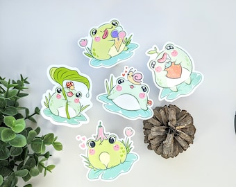 Set of 5 Kawaii Frog Sticker Bundle | Cute Frog stickers | Gift for Frog Lovers, Green Frog Decals Laptop Stickers