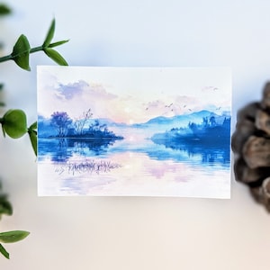 Stickers papier peint Nature Lake View Sunset Journal | Sticker aquarelle paysage