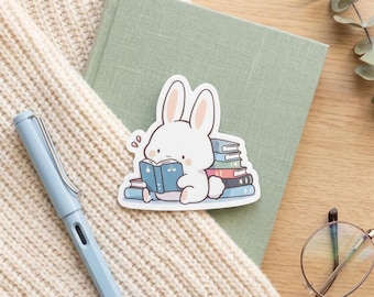Reading Bunny Sticker, Book Lover Gift, Cute Kindle Decal, Bookworm Stationery, Whimsical Rabbit Vinyl Art, Reader Laptop Accessory