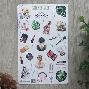 Feuille d'autocollants de maquillage pour fille | Stickers cosmétiques pour carnets et albums de beauté - Jolies filles, femmes, pinceaux, ombres à paupières