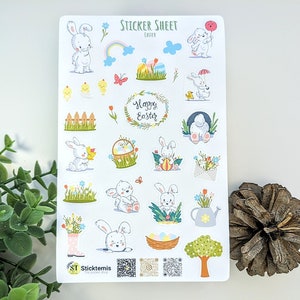 Feuille d'autocollants imperméables Spring Bunny Pâques | agenda, scrapbooking, stickers décoratifs | Lapins de Pâques mignons, panier d'oeufs de Pâques