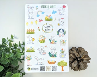 Waterproof Spring Bunny Easter Sticker Sheet | Planner, Scrapbook, Decorative Stickers | Cute Easter Bunnies, Easter egg basket