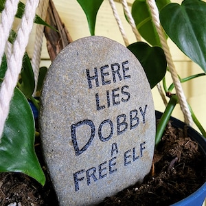 May include: A gray stone with the inscription "HERE LIES DOBBY A FREE ELF" is placed in a blue pot with a green plant. The pot is suspended by white rope. The background is a light yellow color.