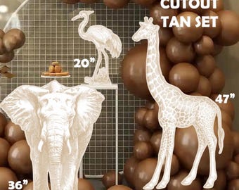 H6011 4ft tall giraffe & 3ft tall TAN elephant prop cutout set stands not included.