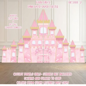 H6288 - 4 piece Pink rose prop Castle  - stakes or stands not included, scored to ship.  Approx overall size is   8 ft tall x12 ft wide