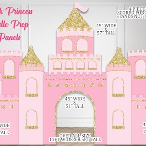 Pink and Gold Princess Castle Prop. 4 piece Set with 7 Princesses (approx 3ft each). Scored to ship. Stands not Included. Ships at 6ft