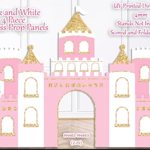 H4662-63 Pink, white and Gold Princess Castle Prop. 4 piece Set. Scored to ship. Stands not Included. Ships at 6ft