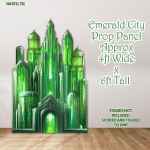 May include: A green Emerald City prop panel for a party or event. The panel is approximately 4 feet wide by 6 feet tall. The panel is scored and folded for shipping.