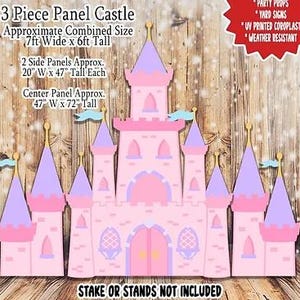 May include: A three-piece pink and purple castle-shaped cardboard cutout party prop. The castle is approximately 7 feet wide and 6 feet tall. The side panels are 20 inches wide by 47 inches tall, and the center panel is 47 inches wide by 72 inches tall. The prop is made of UV printed coroplast and is weather resistant. Stake or stands are not included.