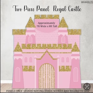 H4445  - 7ft. wide x 8 ft tall Royal Castle prop cutout Pink and Gold  - stakes or stands not included ships