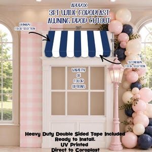 May include: A navy blue and white striped awning prop cutout, approximately 3 feet wide, is displayed above a white door frame. The image includes text indicating color options and installation details. A pink and white checkered wall is on the left.