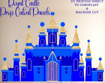 H4932 - Gold and Blue Royal Castle prop cutout - stakes or stands not included. Sizes are listed on each panel,(approx.8ft tallx11ft wide)