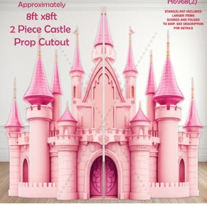 H6968 - 2  piece pink Castle prop cutout - stakes or stands not included, scored to ship.  Approx overall size is   8 ft tall x 8 ft wide