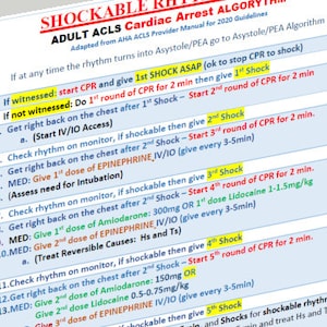 List view of steps in ACLS, including Maternal and Obstetric Cardiac Arrest, tachy, brady, post cardiac arrest, shockable, non shockable ecg