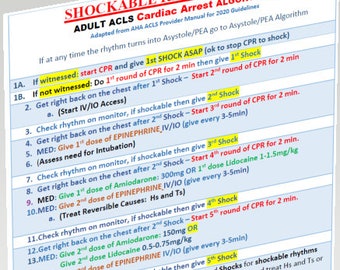 Könnte beinhalten: Ein blaues und weißes Diagramm mit dem Titel "Schockbarer Herzstillstand-Algorithmus" und einer Schritt-für-Schritt-Anleitung für die Reanimation bei Erwachsenen mit ACLS. Das Diagramm enthält Anweisungen zur Durchführung von CPR, Medikamentengabe und Schocks.