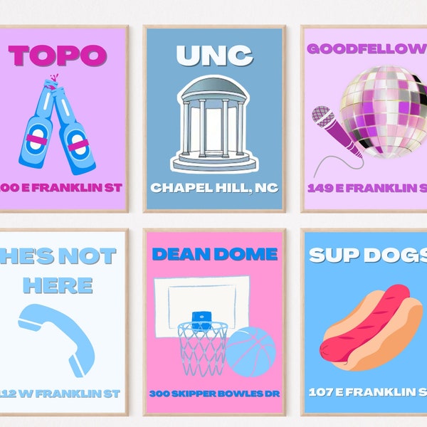 UNC Chapel Hill Digital Prints, Trendy College Posters, Set of 6 Print Posters