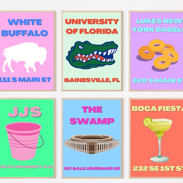 University of Florida Digital Prints, Trendy College Posters, Set of 6 Print Posters
