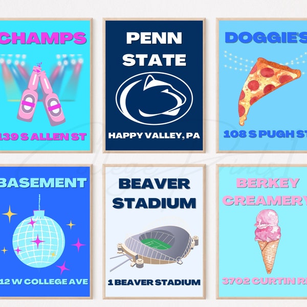 Penn State University Digital Prints, College Gifts, Trendy College Posters, Set of 6 Print Posters