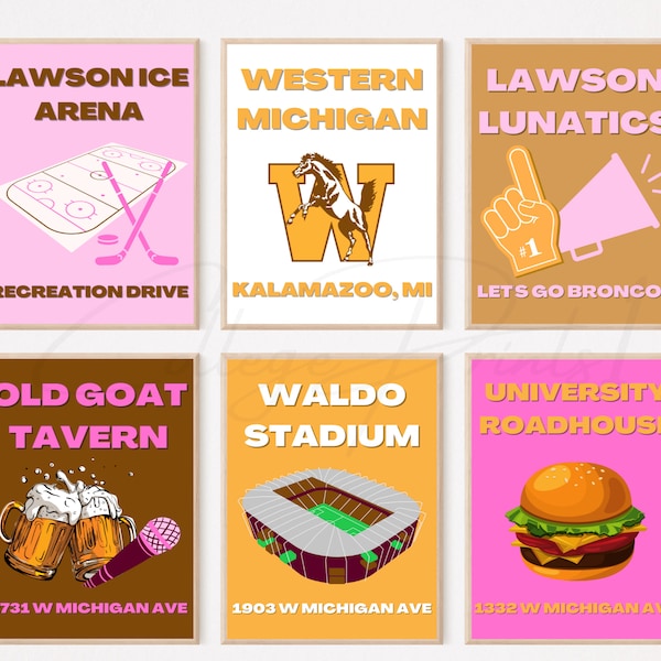 Western Michigan University Digital Prints, College Gifts, Trendy College Posters, Set of 6 Print Posters