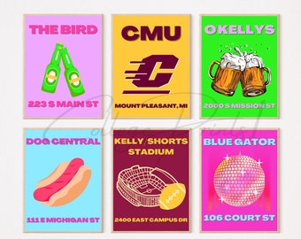 Central Michigan University Digital Prints, College Gifts, Trendy College Posters, Set of 6 Print Posters